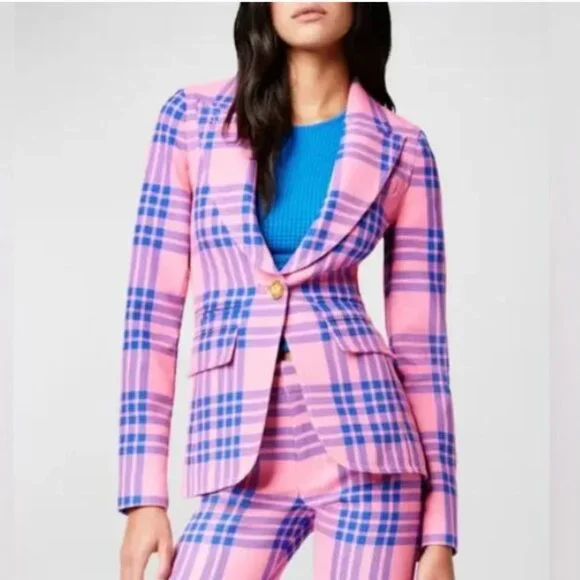 New Smythe Hutton Tailored Cotton Plaid Cutaway Blazer Carnation Pink Plaid Sz6 - Picture 9 of 9
